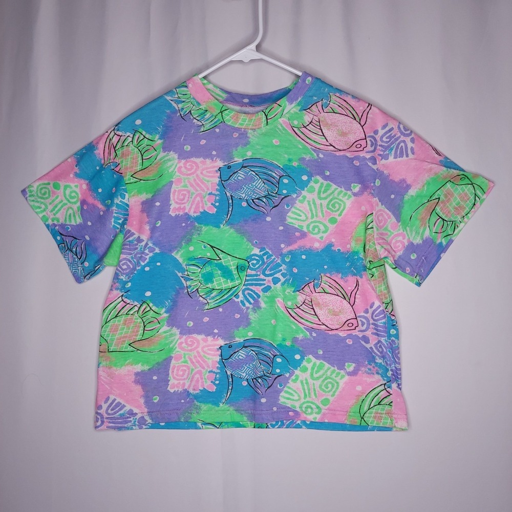 Vintage Neon Fish Top Women Medium Boxy Short Sleeve 80s 90s Boxy Beachy Coastal
